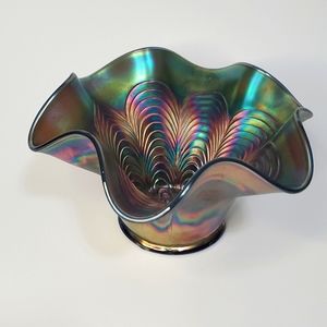 Antique Fenton Carnival Amethyst Glass Marigold Iridescent Peacock Tail Hat Dish